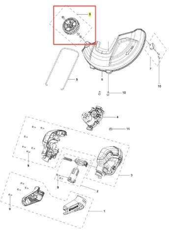 Koło kompletne edger podkaszarki 110iL FLXi Husqvarna, okrągłe, z widocznym uzbrojeniem. Ujęcie z góry, umieszczone na neutralnym tle. Tekstura gładka, materiał plastikowy. Widoczne elementy montażowe, wymiary nieczytelne.