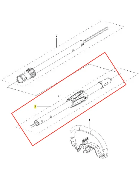 Rura podkaszarki Husqvarna 110iL FLXi z widocznym mocowaniem u dołu, w kolorze szarym. Obiekt w układzie poziomym, ze szczegółowym ujęciem na główkę narzędzia i mechanizmy mocujące. Tło proste, białe, podkreślające produkt.