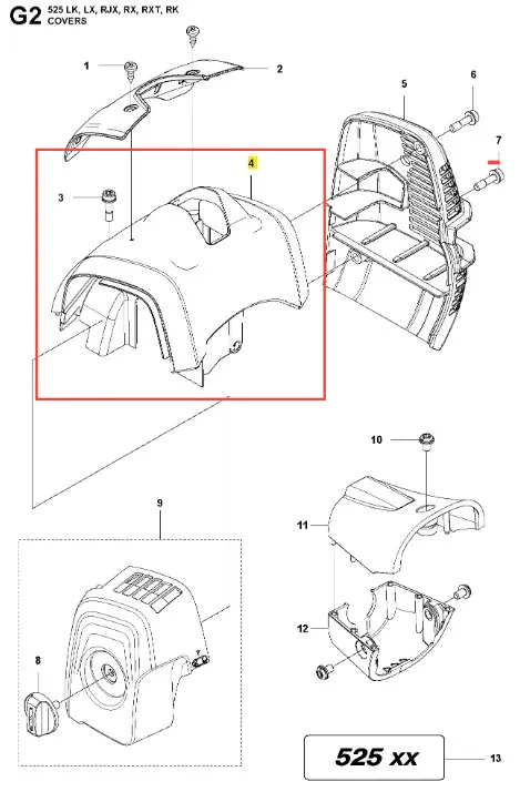 Pokrywa podkaszarki Husqvarna 525LK, o matowej, czarnej powierzchni, z wyraźnymi liniami brzegowymi. Ujęcie frontalne ukazuje kształt oraz otwory montażowe. Widoczne znaki i numery identyfikacyjne. Produkt leży poziomo na białym tle.