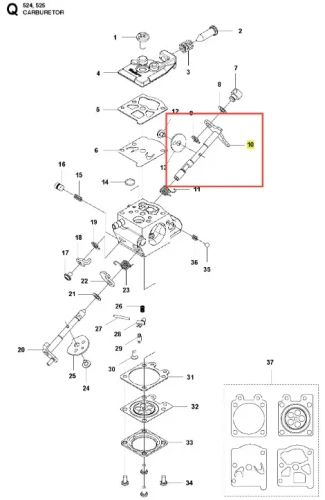 Wałek przepustnicy do podkaszarki Husqvarna 525LK, metalowy, srebrny, z wyraźnym zgięciem. Ujęcie frontalne, ukazuje detal budowy. Element ma dwa mocowania po bokach. W tle widoczne części gaźnika, na białym tle.