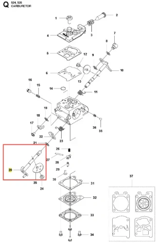 Metaliczny wałek przepustnicy do podkaszarki Husqvarna 525LK, z mocowaniem, regulacją i oznaczeniem części, widok frontalny, nowy.