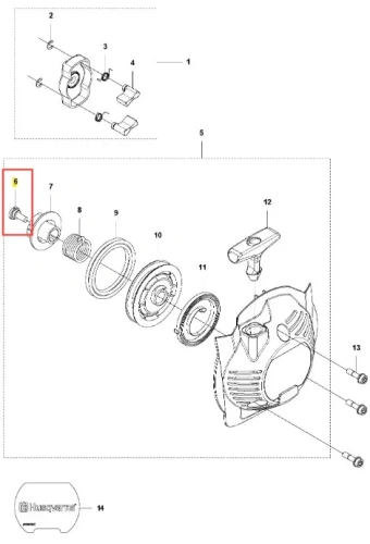 Śruba podkaszarki Husqvarna 525LK, metalowa, o średnicy standardowej, z gwintem na całej długości. Zdjęcie przedstawia ujęcie frontalne, z wyeksponowanym detalem śruby w schemacie montażowym, otoczonym pozostałymi elementami urządzenia.