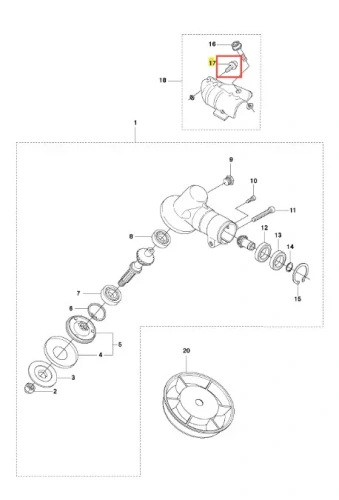 Śruba podkaszarki Husqvarna 525LK, metalowa, w kształcie cylindrycznym, o standardowym rozmiarze, widoczna z boku. Ujęcie pokazuje szczegóły gwintu. Na czerwonym tle graficznym oznaczona numerem 16.