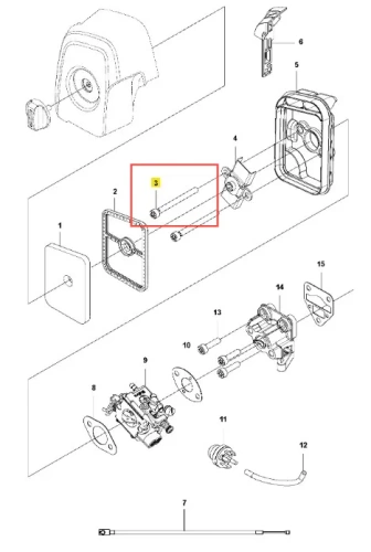 Metalowa śruba do podkaszarki Husqvarna 525LK, cylindryczna o gładkiej powierzchni, długość ok. 10 cm. Widok z boku ukazujący gwint i zakończenie, na białym tle.