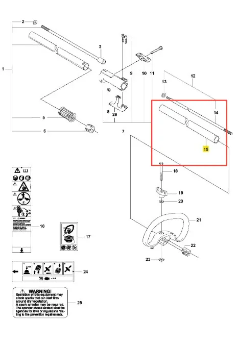 Rura podkaszarki Husqvarna 525LK, na schemacie przedstawiona w czerwonym prostokącie. Długa, cylindryczna, metalowa konstrukcja, z końcami o walcowatym kształcie. Element użytkowy, widoczny z góry, w zestawieniu z innymi częściami maszyny.