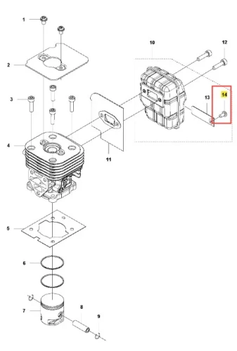 Śruba podkaszarki Husqvarna 525LK, srebrna, cylindryczna z gwintem zewnętrznym, część silnika. Zaznaczona czerwoną ramką na schemacie montażu innych części.