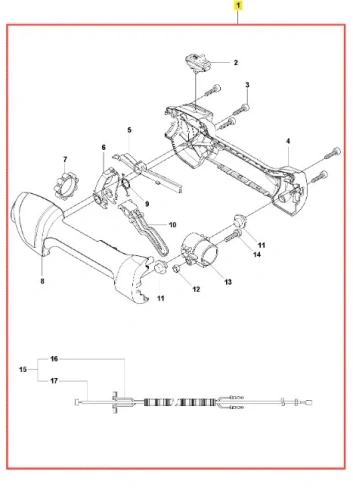 Schemat uchwytu sterującego podkaszarki Husqvarna 525LK: uchwyt (8), korpus (4), mocowanie (11) z detalami konstrukcyjnymi, śrubami i elementem montażowym, w układzie poziomym.