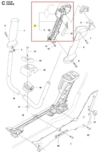 Połówka uchwytu podkaszarki 536LiR Husqvarna, przedstawiona w widoku z góry, ukazuje szczegóły konstrukcyjne. Element ma ciemnoszary kolor z jasnozielonymi akcentami. Widoczne przyciski i gniazda mocowania. Tło białe.
