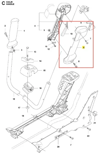 Prawa część uchwytu podkaszarki Husqvarna 536LiR, czarna, z ergonomiczną rękojeścią. Widok z boku pokazuje detale konstrukcji i mocowania. Produkt na stole z innymi elementami i logo firmy.