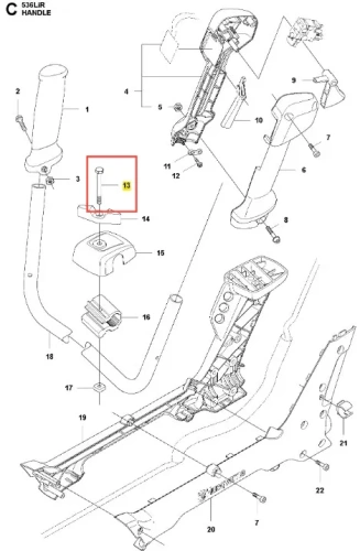 Metaliczna prostokątna śruba do podkaszarki Husqvarna 536LiR, widoczna z boku, z gładką powierzchnią. Służy do mocowania elementów, pokazana na schemacie na tle innych części maszyny.
