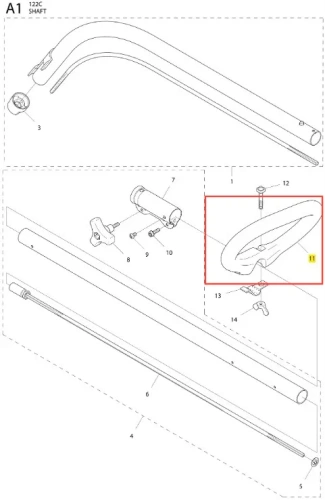 Uchwyt podkaszarki Husqvarna 122C z boku, metalowy, srebrny, opływowy kształt z wyprofilowanym miejscem na dłoń, oznaczenia techniczne, mocowanie u dołu, na białym tle.