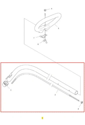Rura podkaszarki Husqvarna 122C, metalowa, w kształcie łuku, z zaworem mocującym na końcu. Ujęcie z boku, pokazujące szczegóły i kształt rury. Widoczne fragmenty mocowania. Proste, białe tło.