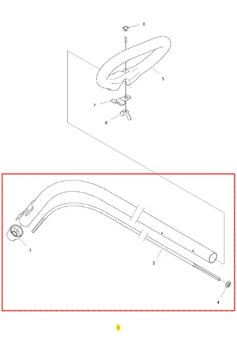 Rura podkaszarki Husqvarna 122C, metalowa, w kształcie łuku, z zaworem mocującym na końcu. Ujęcie z boku, pokazujące szczegóły i kształt rury. Widoczne fragmenty mocowania. Proste, białe tło.