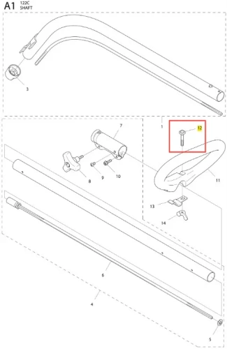 Śruba podkaszarki 122C Husqvarna, metalowa, o cylindrycznym kształcie, z widocznym gwintem. Ujęcie z bliska, prezentujące detale śruby. Na redakcji schematyczny rysunek z numerem części 12. Tło proste, białe, ułatwiające analizę produktu.