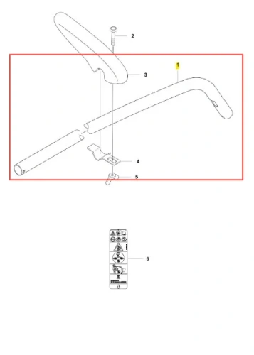 Rura podkaszarki Husqvarna 315iC, srebrna, matowa, cylindryczna. Widok z boku na mocowania, uchwyt i oznaczenia montażowe. Element składa się z rury i końcówki.