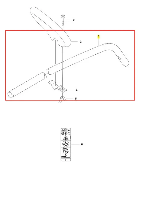 Rura podkaszarki Husqvarna 315iC, srebrna, matowa, cylindryczna. Widok z boku na mocowania, uchwyt i oznaczenia montażowe. Element składa się z rury i końcówki.