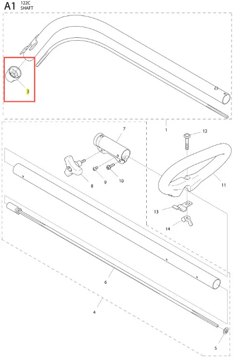 Człon napędzający do podkaszarki Husqvarna 122C, metalowy element w kształcie cylindrycznym z wyraźnymi oznaczeniami. Detal widoczny w zbliżeniu, na białym tle, z grupą innych elementów narzędzia obok, idealny do montażu.