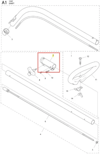 Zacisk do podkaszarki 122C Husqvarna w układzie pionowym, widoczny z boku. Okrągły kształt, metalowy materiał, z niewielkim otworem i mocowaniem. Widoczne napisy opisujące model. Element w nowym, nieużywanym stanie. Tło białe, proste.