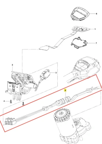 Kabel podkaszarki Husqvarna 115iL przedstawiony w zbliżeniu, leżący na białym tle. Część złączy w kolorze czarnym, elastyczna izolacja, cylindryczny kształt. Widoczne złącza i oznaczenia, które mogą być istotne dla montażu lub wymiany.
