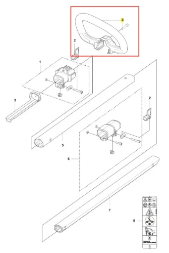 Uchwyt podkaszarki Husqvarna 115iL, w kształcie elipsy, wykonany z materiału sztucznego. Widoczny z boku w zbliżeniu, z wyraźnie zaznaczonym miejscem mocowania. W tle prosta, biała przestrzeń, bez dodatkowych elementów.