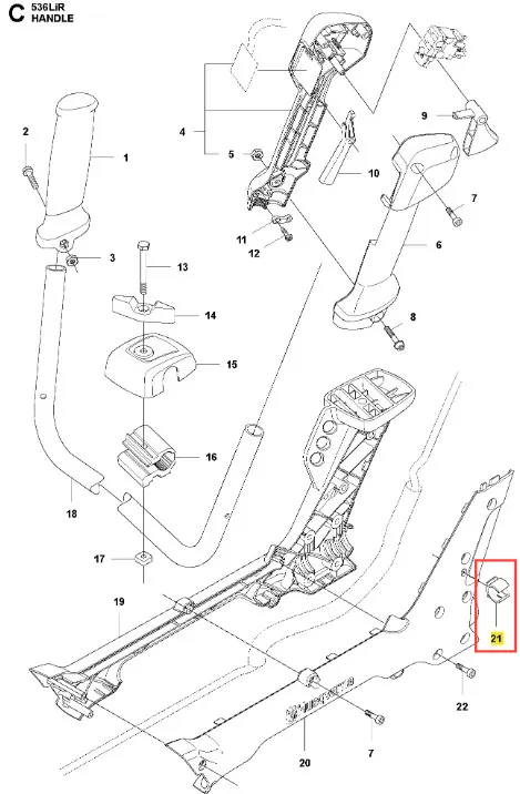 Klip podkaszarki Husqvarna 536LiR, wykonany z wytrzymałego materiału, w kolorze czarnym. Widok z boku, detal na mocowanie. Element ma ergonomiczny kształt, z wyraźnymi oznaczeniami. Przeznaczony do użytku w urządzeniach do podcinania trawy.