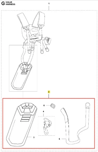 Podkładka pod baterię do podkaszarki Husqvarna 536LiR, prostokątna, czarna z szarymi detalami, z mocowaniami i oznaczeniami, na jednolitym tle, widok z przodu.