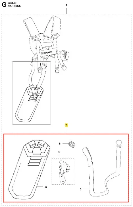 Podkładka pod baterię do podkaszarki Husqvarna 536LiR, prostokątna, czarna z szarymi detalami, z mocowaniami i oznaczeniami, na jednolitym tle, widok z przodu.