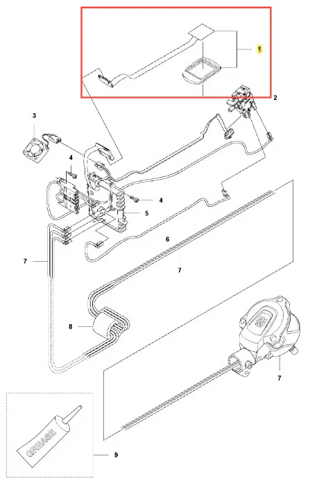 Płytka kontrolna do podkaszarki 536LiL Husqvarna, prostokątna, z widocznymi przewodami, połączeniami, oznaczeniami i logo producenta na jasnym tle, z wyraźnie zaznaczonym obszarem roboczym.