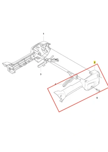 Prawy uchwyt podkaszarki 520iLX Husqvarna z tworzywa, zaokrąglony, z widocznymi mocowaniami i elementami sterującymi na neutralnym tle.