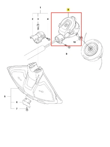Silnik podkaszarki 520iLX Husqvarna, czarny z logo, widok z przodu z zaciskami i otworami montażowymi. Obok żyłka i osłona podkaszarki.