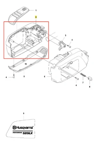 Obudowa lewa podkaszarki Husqvarna 520iLX w kolorze szarym, wykonana z tworzywa sztucznego. Została przedstawiona w pozycji leżącej, z widoczną teksturą oraz miejscem na mocowanie. Widoczne logo producenta oraz numery części.
