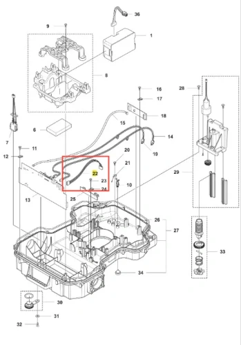 Schemat wiązki robota Husqvarna Automower 520 EPOS z numerowanymi plastikowymi elementami i detalami mechanicznymi w widoku frontalnym.