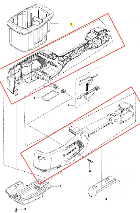 Obudowa kompletna podkaszarki Husqvarna 115iL, w kolorze czarnym z szarymi akcentami, w pozycji leżącej. Widoczne logo Husqvarna. Elementy pokazane z boku, ilustracja detali montażowych i akcesoriów. Proste tło.