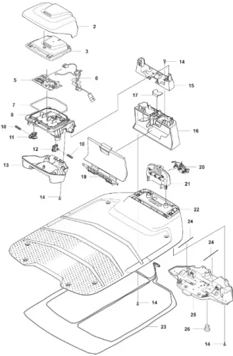 Stacja ładująca Automower 310E NERA Husqvarna w czerni na rysunku technicznym. Widoczne detale: złącza, mocowania, obudowa. Ujęcie z góry, rozłożona, z elementami łączącymi i elektroniką.