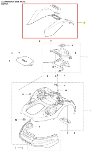 Osłona robota koszącego Automower 310E NERA Husqvarna w kolorze czarnym. Ujęcie z góry, ukazuje gładką, aerodynamiczną formę osłony z dodatkowymi elementami montażowymi. Widoczne logo Husqvarna. Produkt leży na jasnym tle.