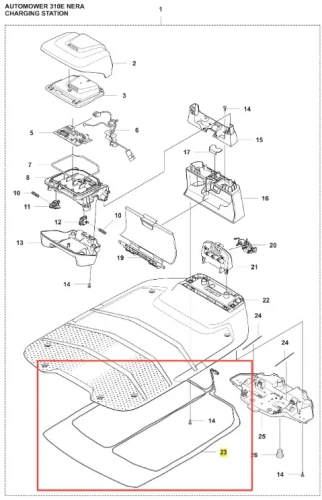 Stacja ładująca do robota koszącego Automower 310E NERA Husqvarna, widok z góry. Czarna teksturowana góra z mocowaniem w centrum i oznaczeniem nr 23. Proste białe tło podkreśla szczegóły.