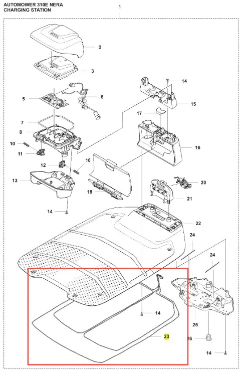 Stacja ładująca do robota koszącego Automower 310E NERA Husqvarna, widok z góry. Czarna teksturowana góra z mocowaniem w centrum i oznaczeniem nr 23. Proste białe tło podkreśla szczegóły.