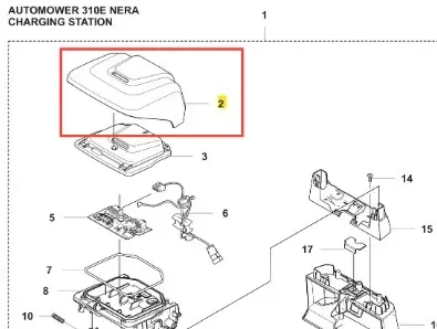Czarna pokrywa robota koszącego Automower 310E Husqvarna, minimalistyczna, z uchwytem i oznaczeniami, widok z góry na stację ładowania, na białym tle, skupienie na detalu.
