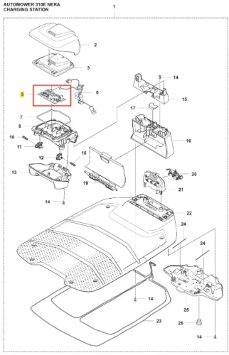 Schemat stacji ładującej do robota koszącego Automower 310E NERA Husqvarna, pokazujący elementy montażowe, okładkę i wtyczki. Złożony z pokrywy, panelu oraz elementu mocującego na białym tle.