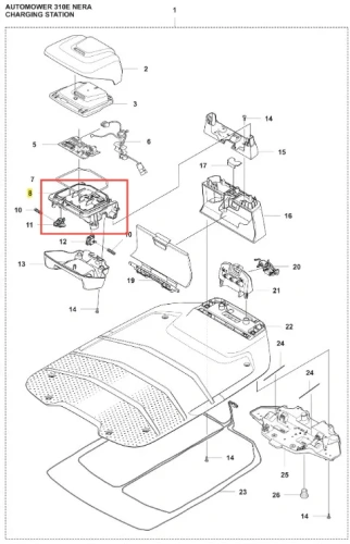 Schemat części stacji ładującej dla robota koszącego Automower 310E NERA Husqvarna. Widoczne komponenty, w tym obudowa górna z teksturą, wtyczki oraz mocowania. Elementy przedstawione w detalach, z wyraźnymi oznaczeniami i numerami części.