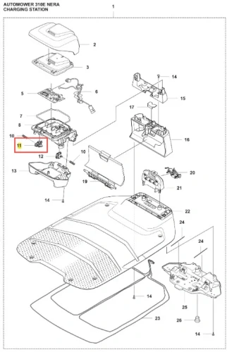 Klapa lewa robota koszącego Automower 310E NERA Husqvarna w kolorze czarnym, wykonana z tworzywa sztucznego. Widok z góry, produkt leżący na płaskiej powierzchni. Widać detale, takie jak miejsca mocowania i otwory montażowe. Tło proste, białe.
