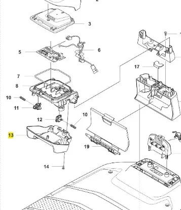 Obudowa robota koszącego Automower 310E Husqvarna z widocznymi mocowaniami, przyciskami, nieczytelnymi etykietami oraz gładkimi i teksturowanymi powierzchniami; części rozłożone w zestawie technicznym, ujęcie płaskie.