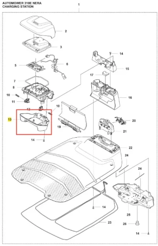 Obudowa obrotowa robota koszącego Automower 310E NERA Husqvarna w kolorze czarnym. Widoczna z góry, rozłożona. Zawiera otwory montażowe i wyprofilowaną powierzchnię. Tło białe, produkt prezentowany wyraźnie, bez dodatkowych elementów.