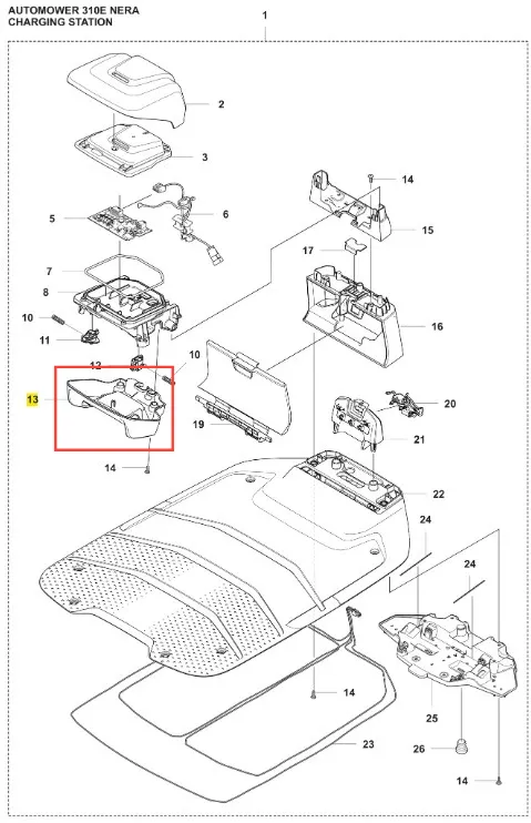 Obudowa obrotowa robota koszącego Automower 310E NERA Husqvarna w kolorze czarnym. Widoczna z góry, rozłożona. Zawiera otwory montażowe i wyprofilowaną powierzchnię. Tło białe, produkt prezentowany wyraźnie, bez dodatkowych elementów.