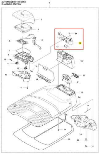 Wspornik robota koszącego Automower 310E NERA Husqvarna, czarny, prostokątny z wycięciami i otworami na śruby, mocowania na przewody, trwały plastik, logo Husqvarna u góry.