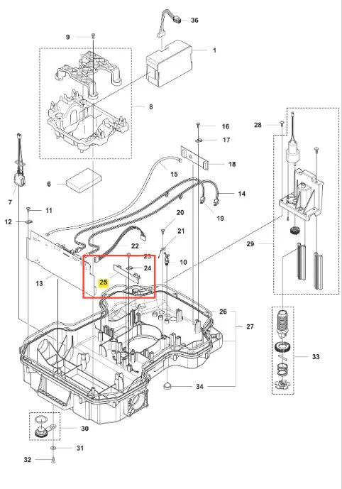 Układ scalony robota koszącego Automower 520 EPOS Husqvarna, widok z góry. Czarna obudowa z tworzywa, jasne metalowe elementy, widoczne okablowanie i złączki, pokazujące rozmieszczenie komponentów.