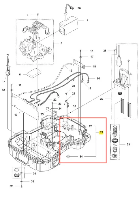 Obudowa robota koszącego Automower 520 EPOS Husqvarna z góry, przezroczysta biała pokrywa z wzmocnionymi krawędziami, widoczne mocowania, połączenia kablowe oraz detale wnętrza i mniejsze komponenty.