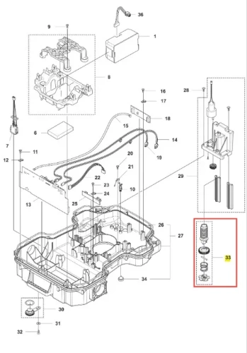 Śruba robota koszącego Automower 520 EPOS Husqvarna w kolorze szarym, metalowa, o cylindrycznym kształcie. Ujęcie z bliska; widoczny szczegółowy mechanizm, w tym sprężyny. Produkt przedstawiony na jasnym tle, bez dodatkowych elementów otoczenia.