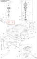 Ogranicznik odchylenia do robota koszącego Automower 520 EPOS Husqvarna, metalowy, okrągły, srebrny, z otworem centralnym, widoczny na tle schematu podzespołów dla lepszego zrozumienia jego umiejscowienia.