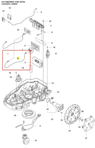 Przewód elektroniczny, element instalacji elektrycznej robota koszącego Automower 310E NERA Husqvarna. Widok z góry, kable w kształcie litery S, kolor czarny, na tle podzespołów z oznaczeniami numerów. Widoczna wtyczka oraz mocowania.